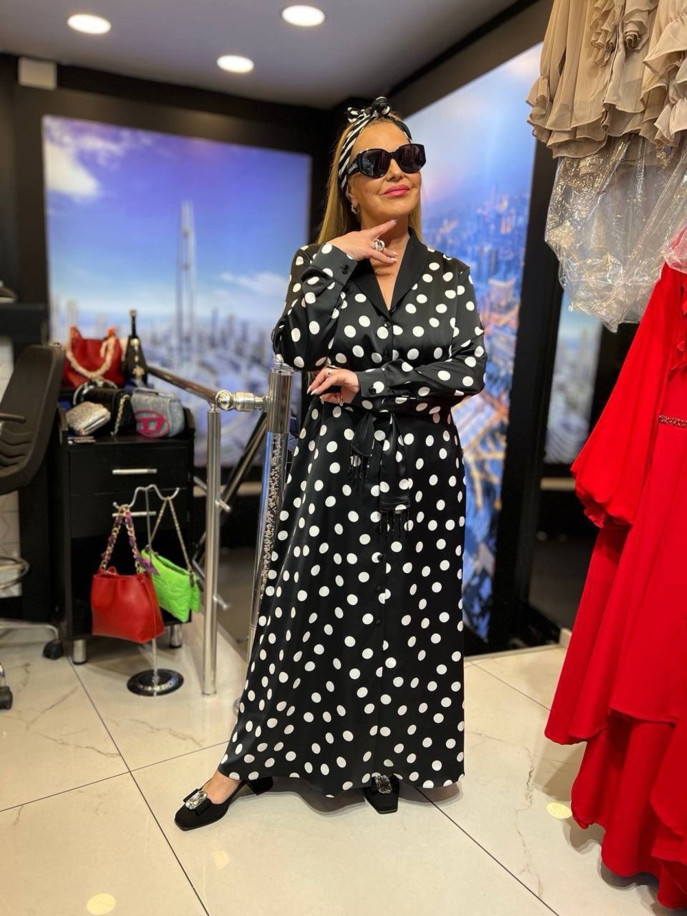 Black & White Polka Dot Long Dress - Elegant Tie-Waist Maxi